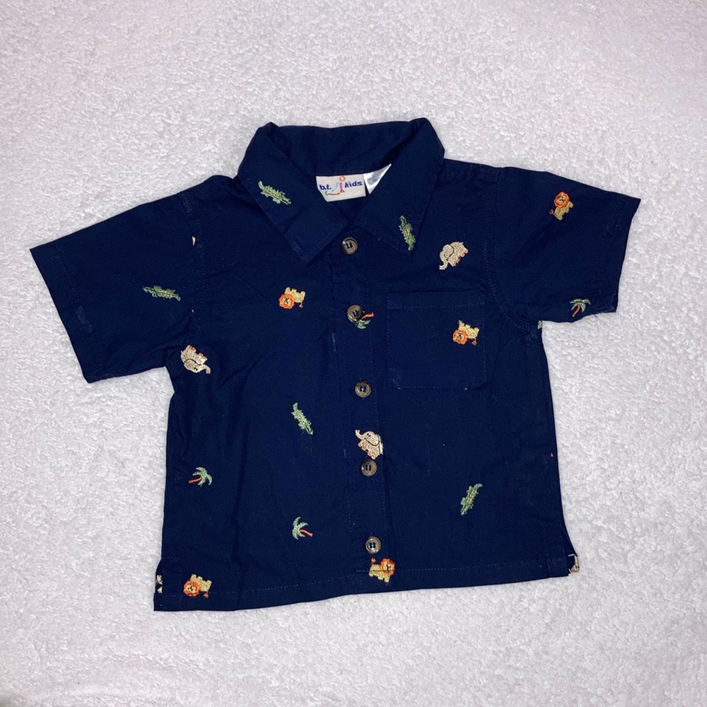 b.t. Kids short sleeve button down safari zoo animal navy blue 12m